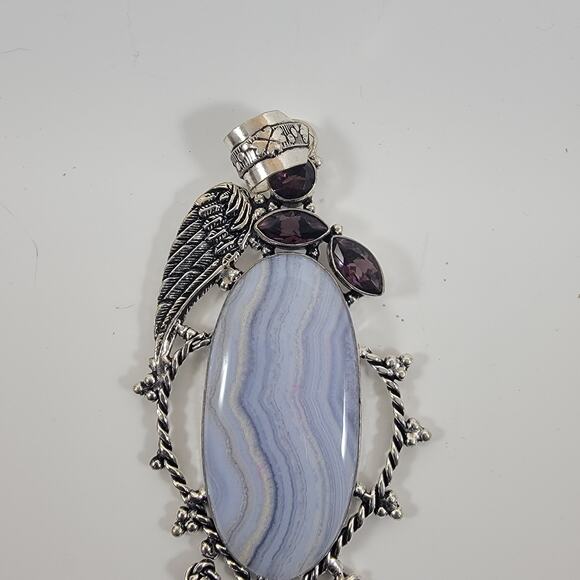 Handmade Silver Pendant with Blue Lace Agate and Amethyst - Picture 10 of 10